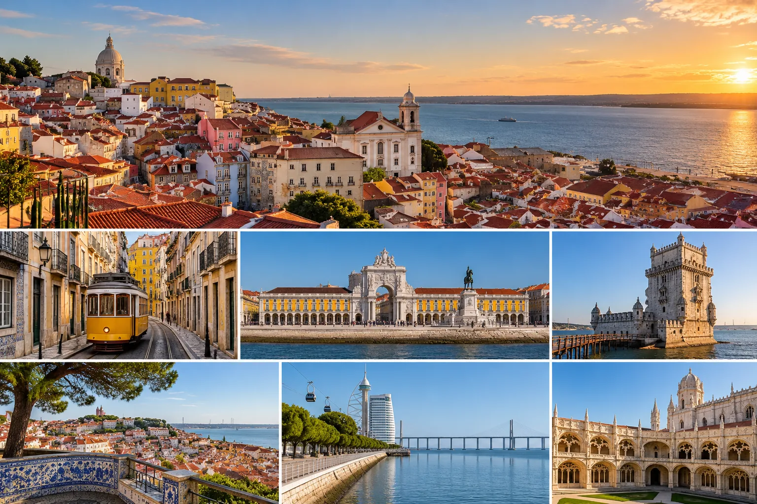AI-generated editorial collage illustrating Lisbon's tram, Praça do Comércio, Belém Tower and the Tagus River